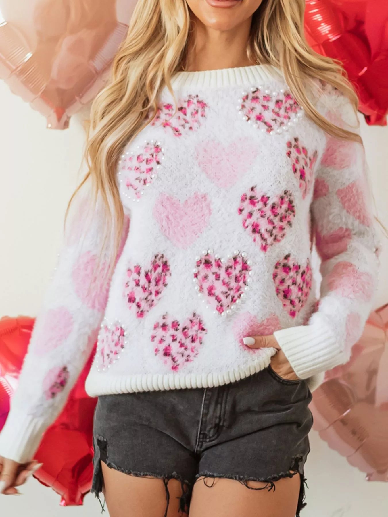 Heart Leopard Pearled Ribbed Trim Fuzzy Sweater - Tigbul's Variety Fashion Shop