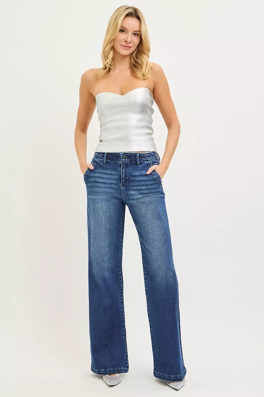 RISEN High Rise Wide Leg Slanted Pocket Jeans - Tigbul's Variety Fashion Shop