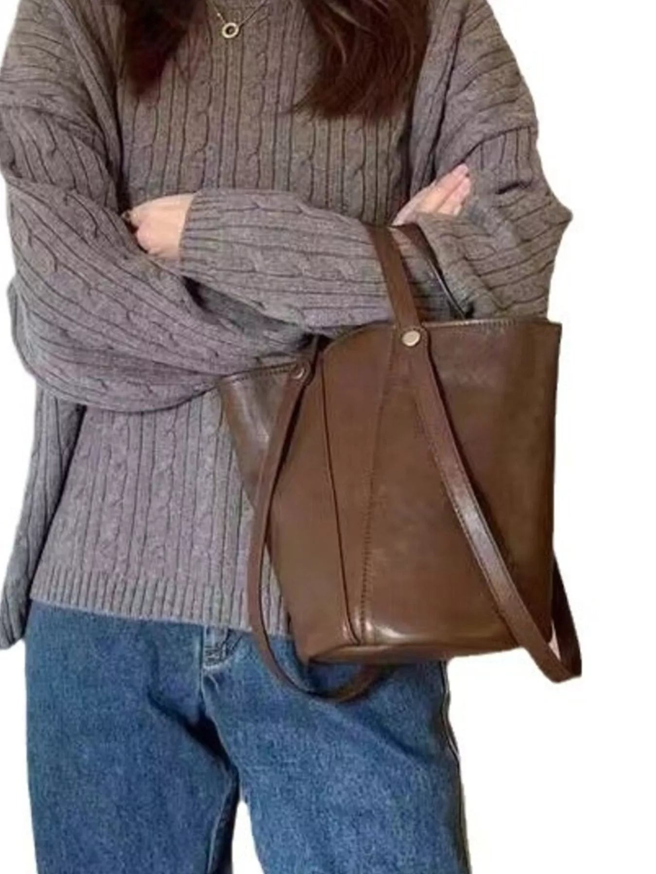 Brown Faux Leather Bucket Tote Bag - Tigbuls Variety Fashion Shop