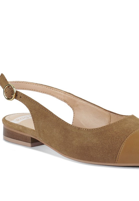 Tan slingback flats in suede with leather toe and adjustable metal buckle