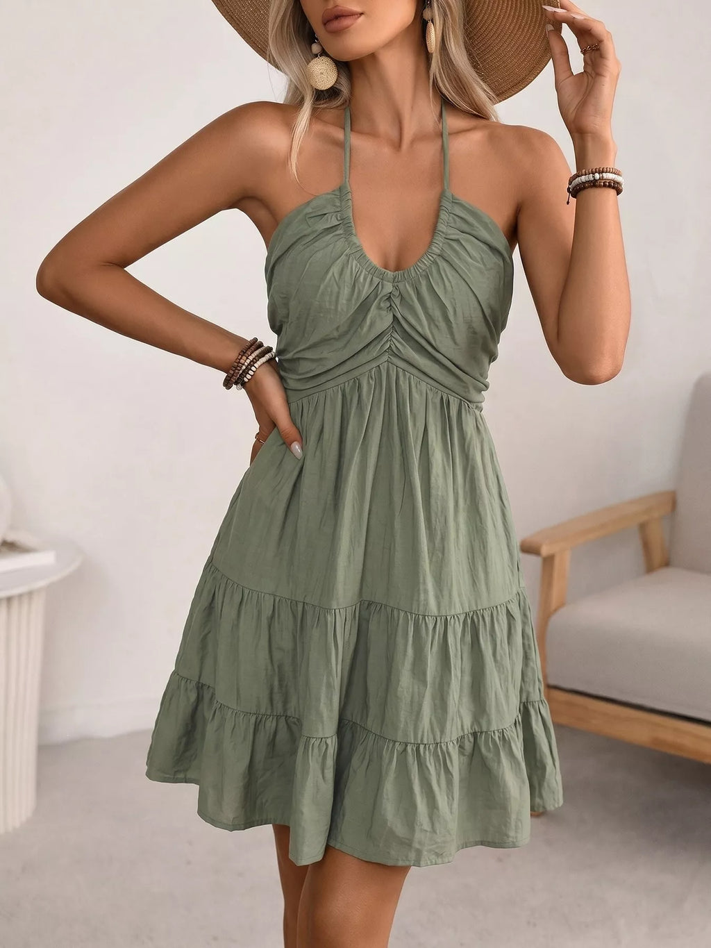 Casual Halter Neck Tiered Mini Dress - Tigbul's Variety Fashion Shop