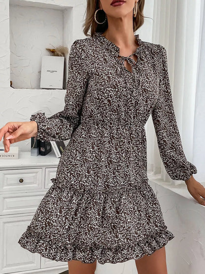 Ruffle Hem Tie Neck Mini Dress - Tigbul's Variety Fashion Shop