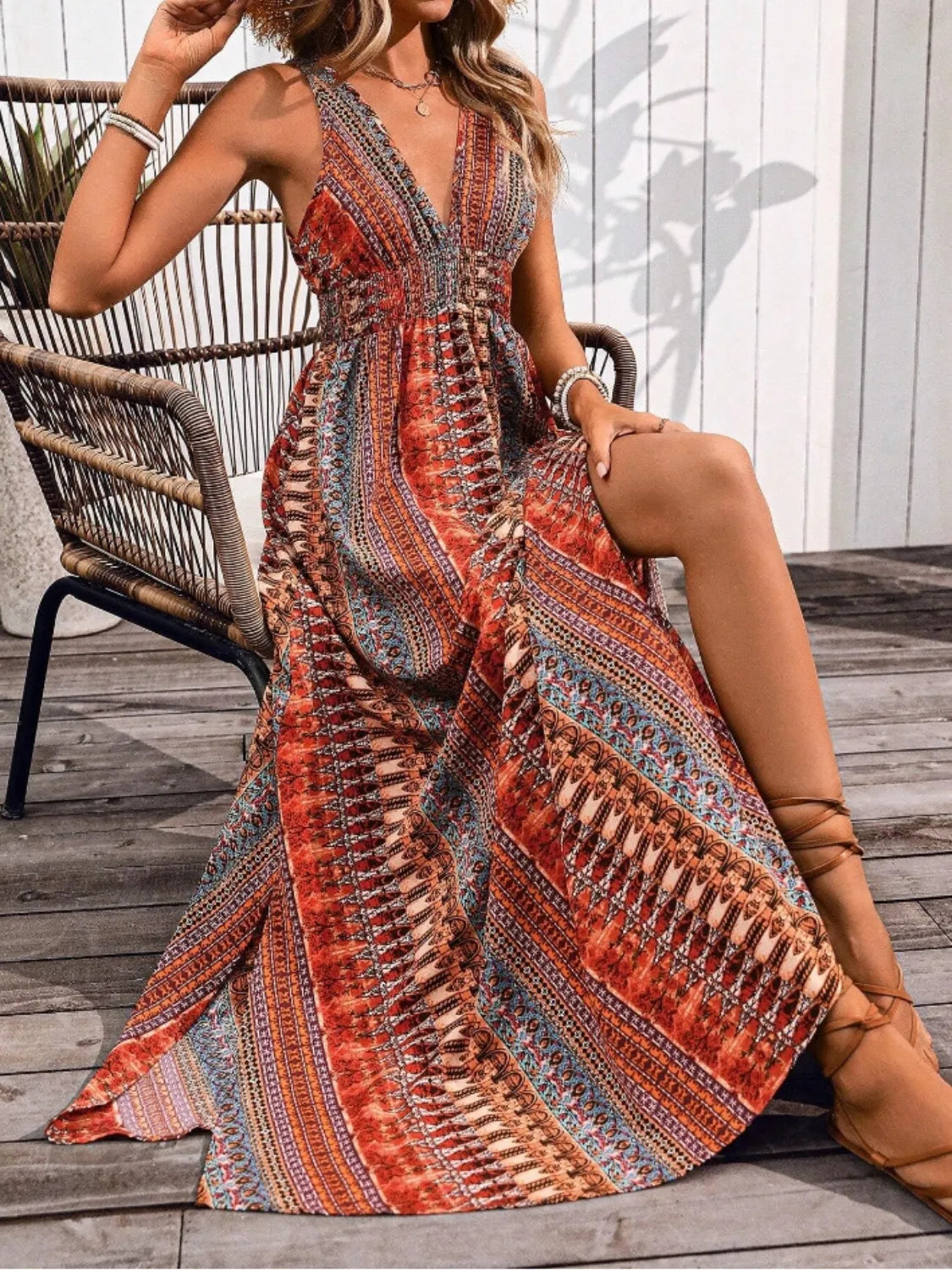 Tied Back Printed Sleeveless Maxi Slit Dress - Tigbul's Variety Fashion Shop