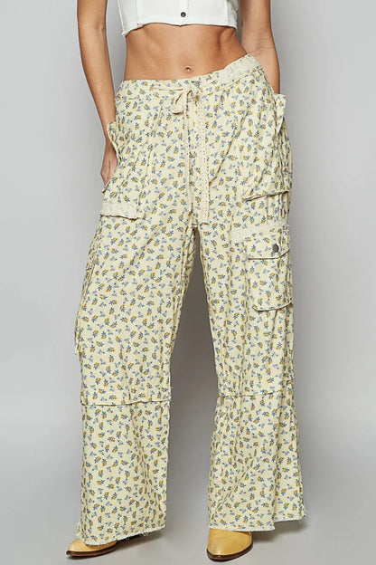 POL Floral Cargo Wide Leg Pants with Lace Drawstring - Tigbul's Variety Fashion Shop