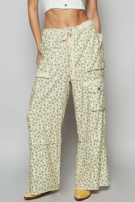 POL Floral Cargo Wide Leg Pants with Lace Drawstring - Tigbul's Variety Fashion Shop
