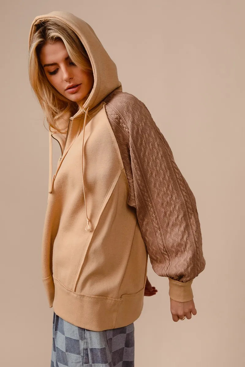 BiBi Half Zip French Terry Hoodie with Kint Sleeves - Tigbul's Variety Fashion Shop