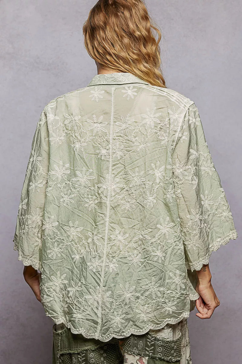 POL Embroidered Floral Collared Neck Shirt with Scalloped Edges - Tigbul's Variety Fashion Shop