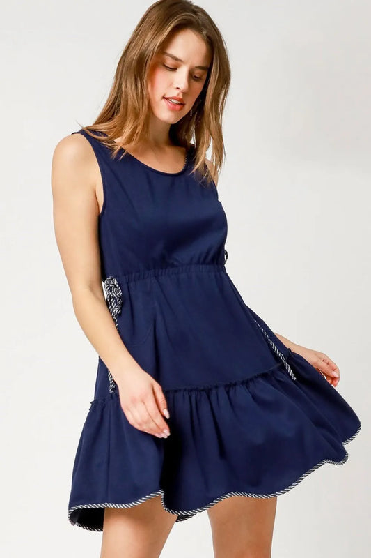 Umgee Frill Drawstring Waist Round Neck Mini Tank Dress - Tigbul's Variety Fashion Shop