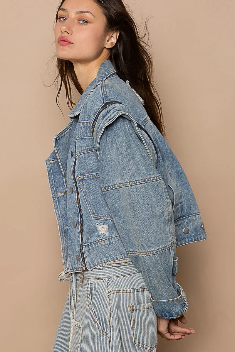 POL Cropped Denim Jacket with Functional Zipper Detail - Tigbul's Variety Fashion Shop