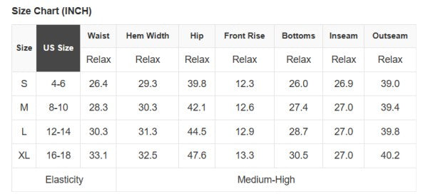 Size chart (inch) with waist, hem width, hip, rise, bottoms, inseam, outseam