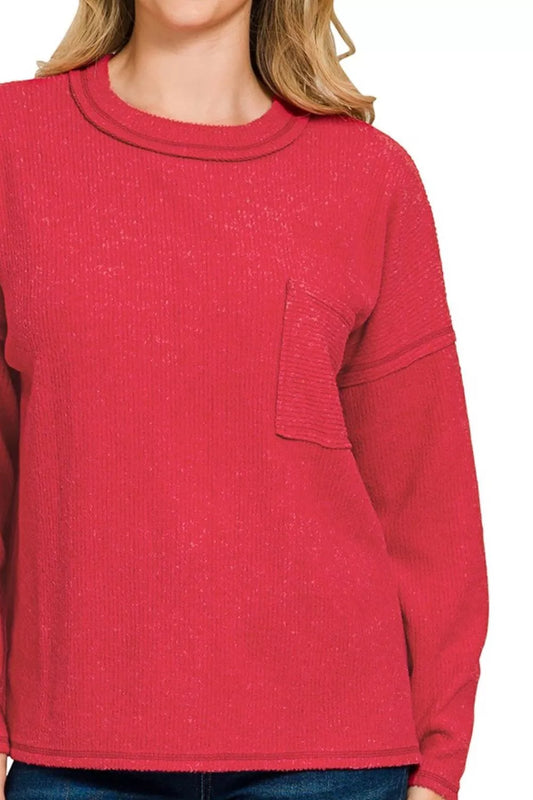 Zenana Ribbed Brushed Melange Hacci Sweater with Chest Pocket - Tigbul's Variety Fashion Shop