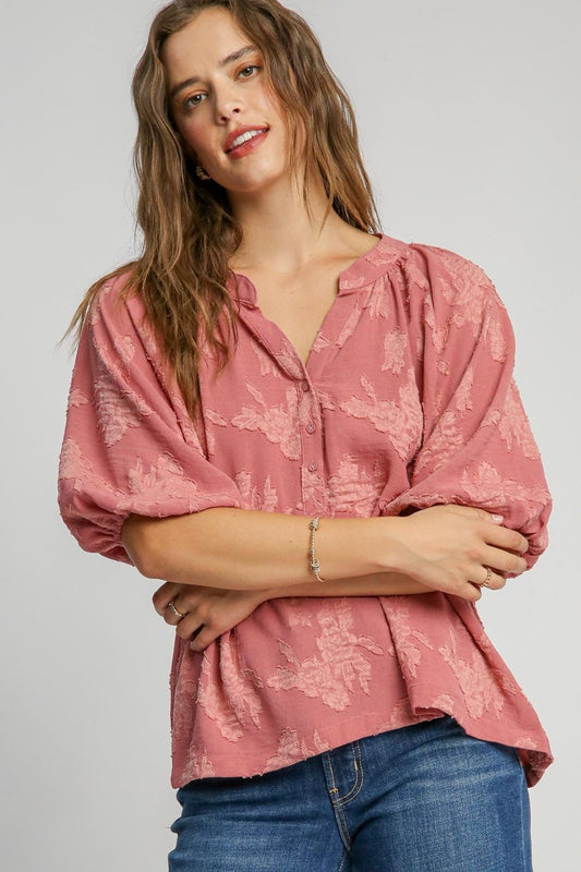 Umgee Full Size Notched Button Detail Half Sleeve Blouse Plus Size - Tigbul's Variety Fashion Shop