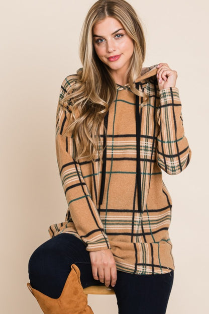 Plaid Long Sleeve Hoodie in Taupe - Tigbul's Variety Fashion Shop