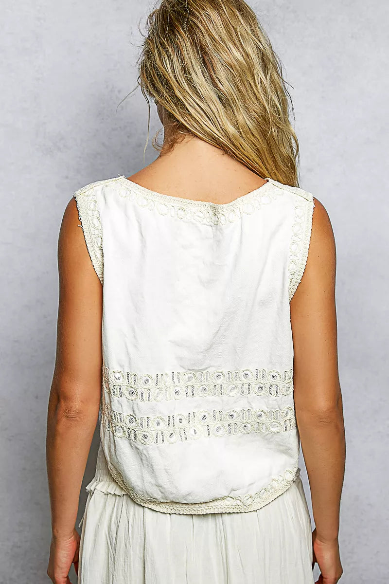 White Embroidered Floral V-Neck Button Down Crochet Vest | Tigbuls
