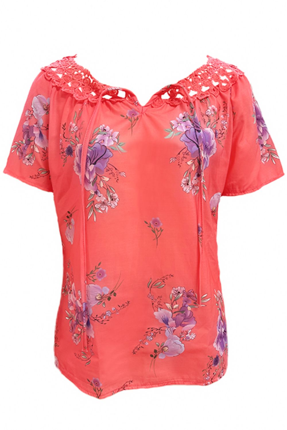 Full Size Printed Tie Neck Short Sleeve Blouse - Tigbul's Variety Fashion Shop