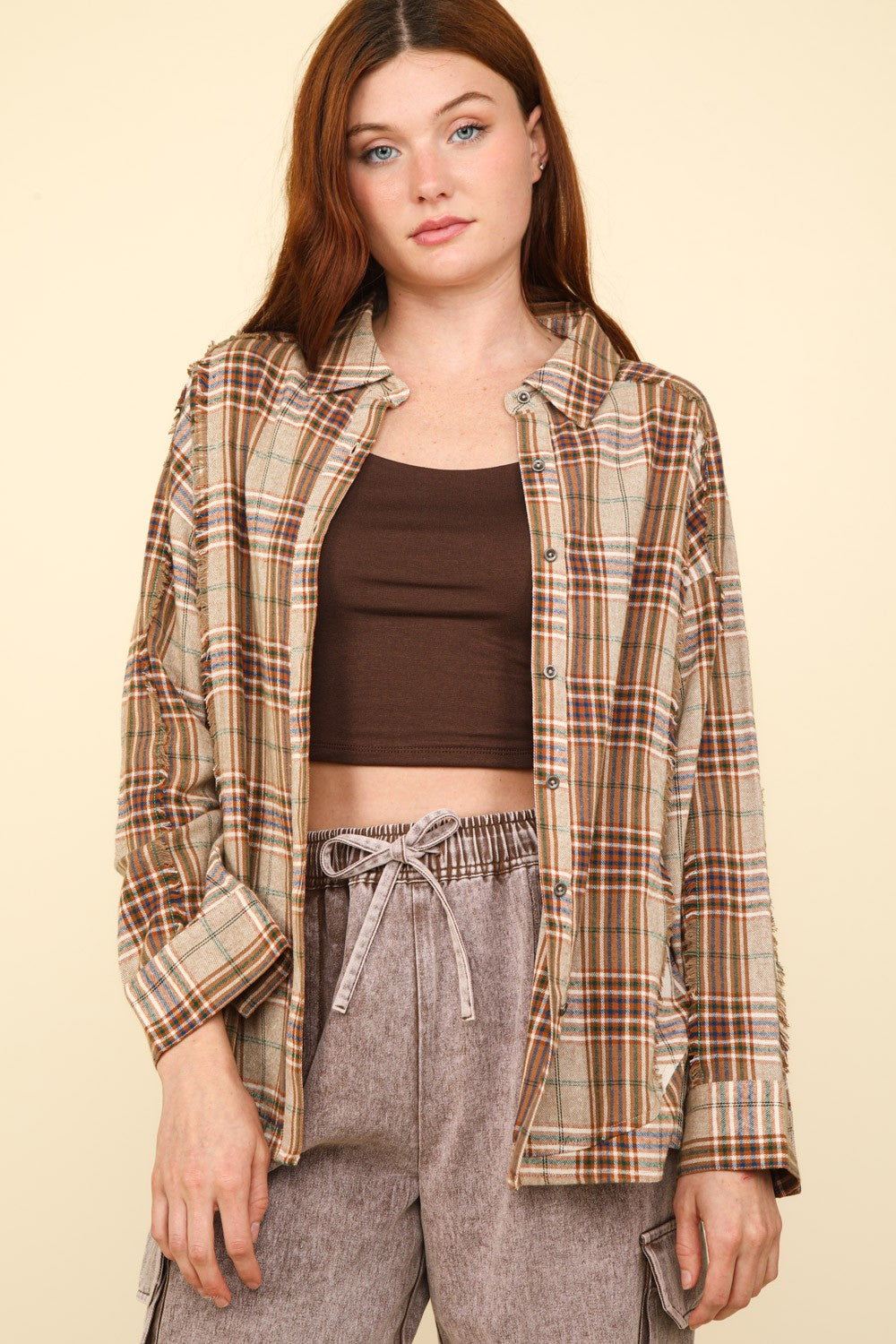 VERY J Contrast Plaid Raw Detail Shirt - Tigbul's Variety Fashion Shop