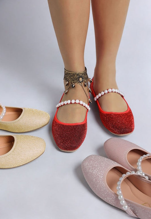 Corphee Pearl Strapped Glitter Ballerinas - Tigbul's Variety Fashion Shop