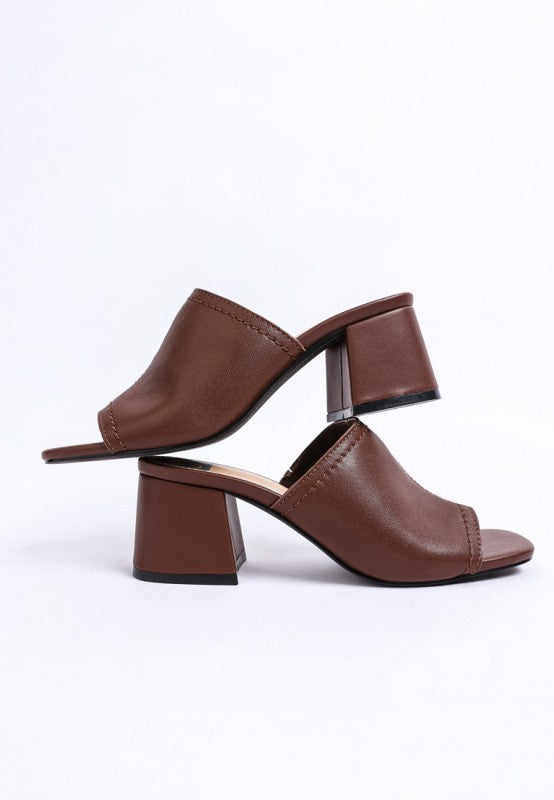 Brown open squared toe heeled mule sandals with stacked block heel