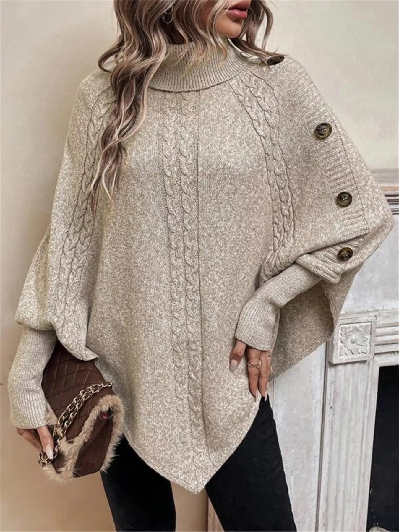 Cable Knit Turtleneck Cape Sweater - Tigbul's Variety Fashion Shop