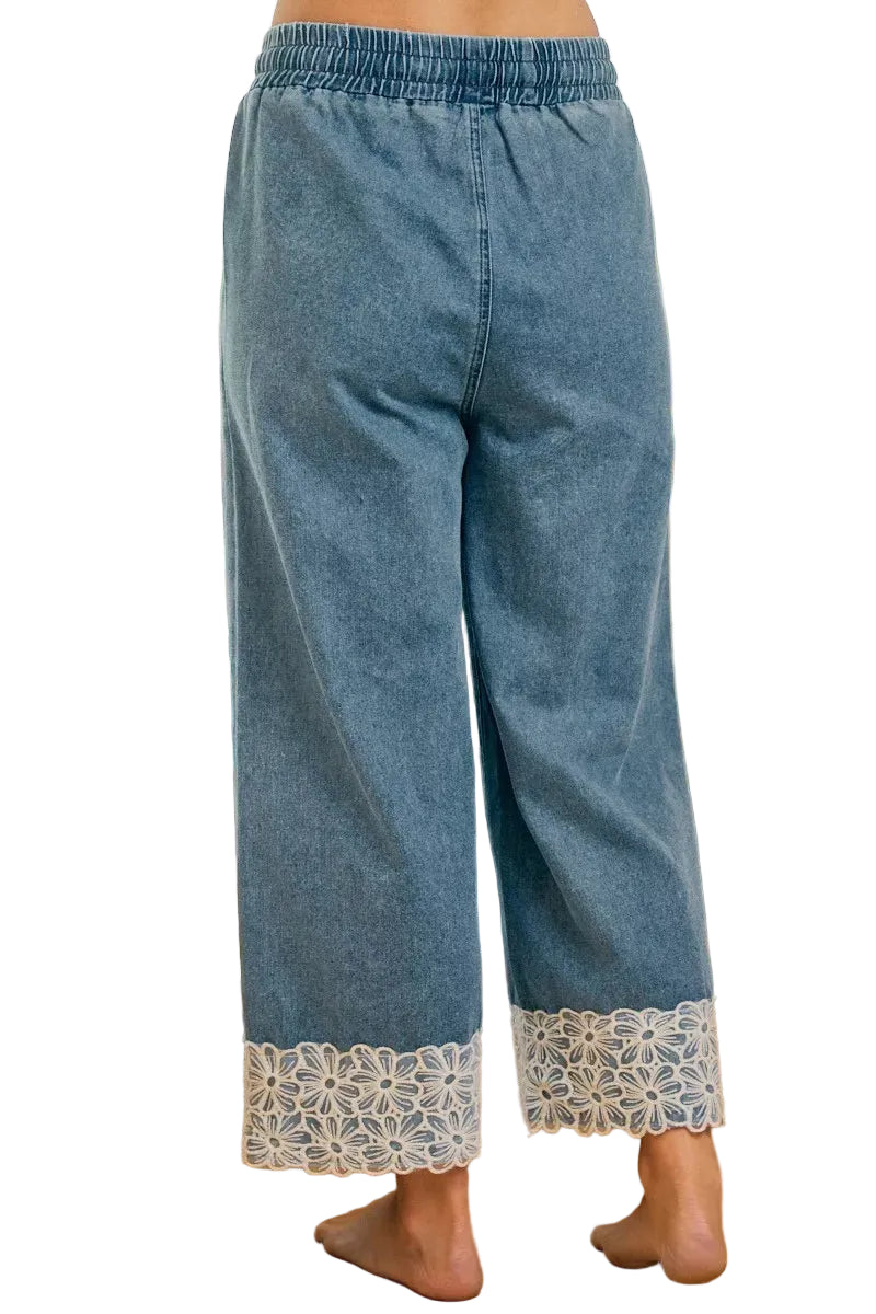 Washed Denim Elastic Waist Flower Lace Trim Pants | Tigbuls