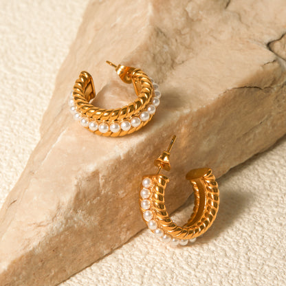 Stainless Steel Pearl C-Hoop Earrings - Tigbul's Variety Fashion Shop