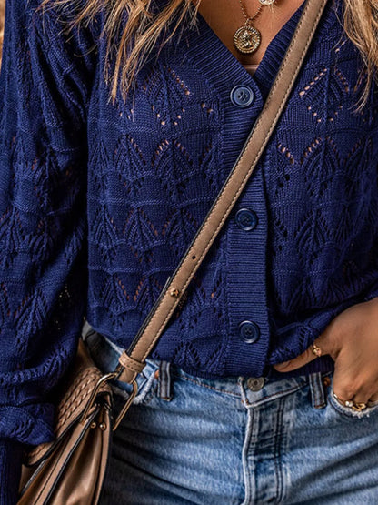 Openwork Button Up Cardigan - Tigbul's Variety Fashion Shop
