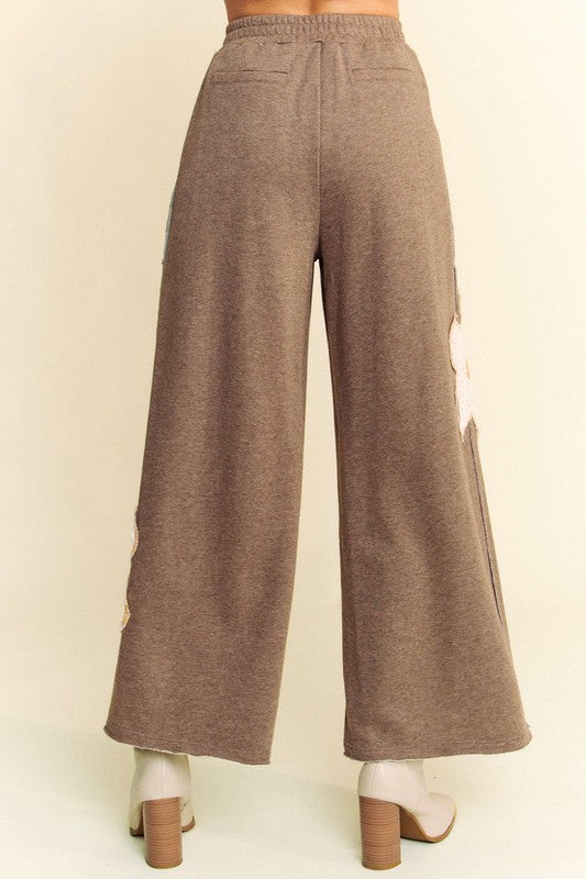 Brown Flower Patch Elastic Waist Wide Leg Pants - Tigbul's Variety Fashion Shop