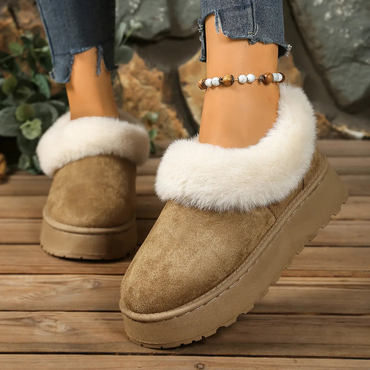 Fuzzy Trim Round Toe Platform Boots - Tigbul's Variety Fashion Shop