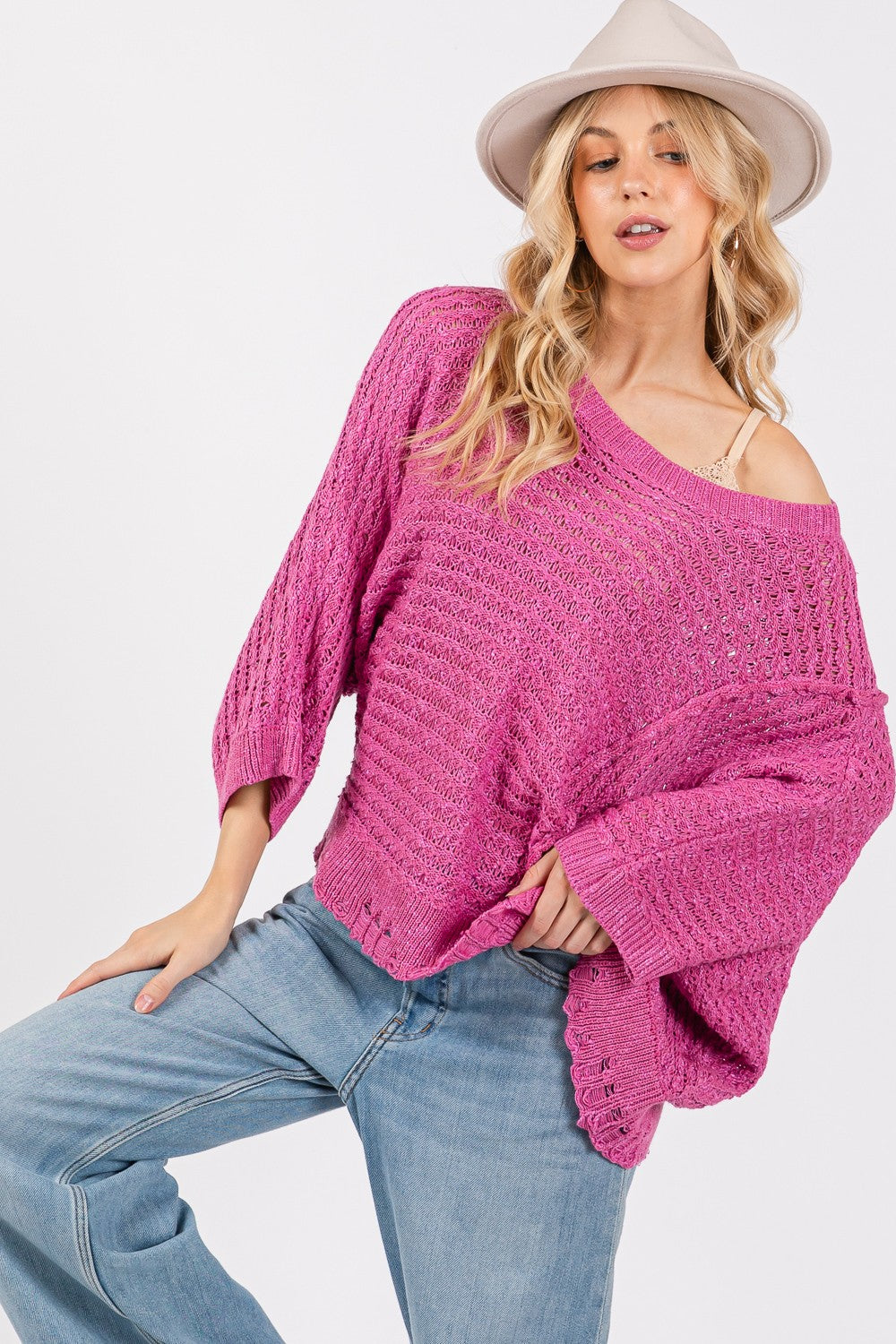 SAGE + FIG Distressed Asymmetrical Open Stitch Sweater - Tigbul's Variety Fashion Shop