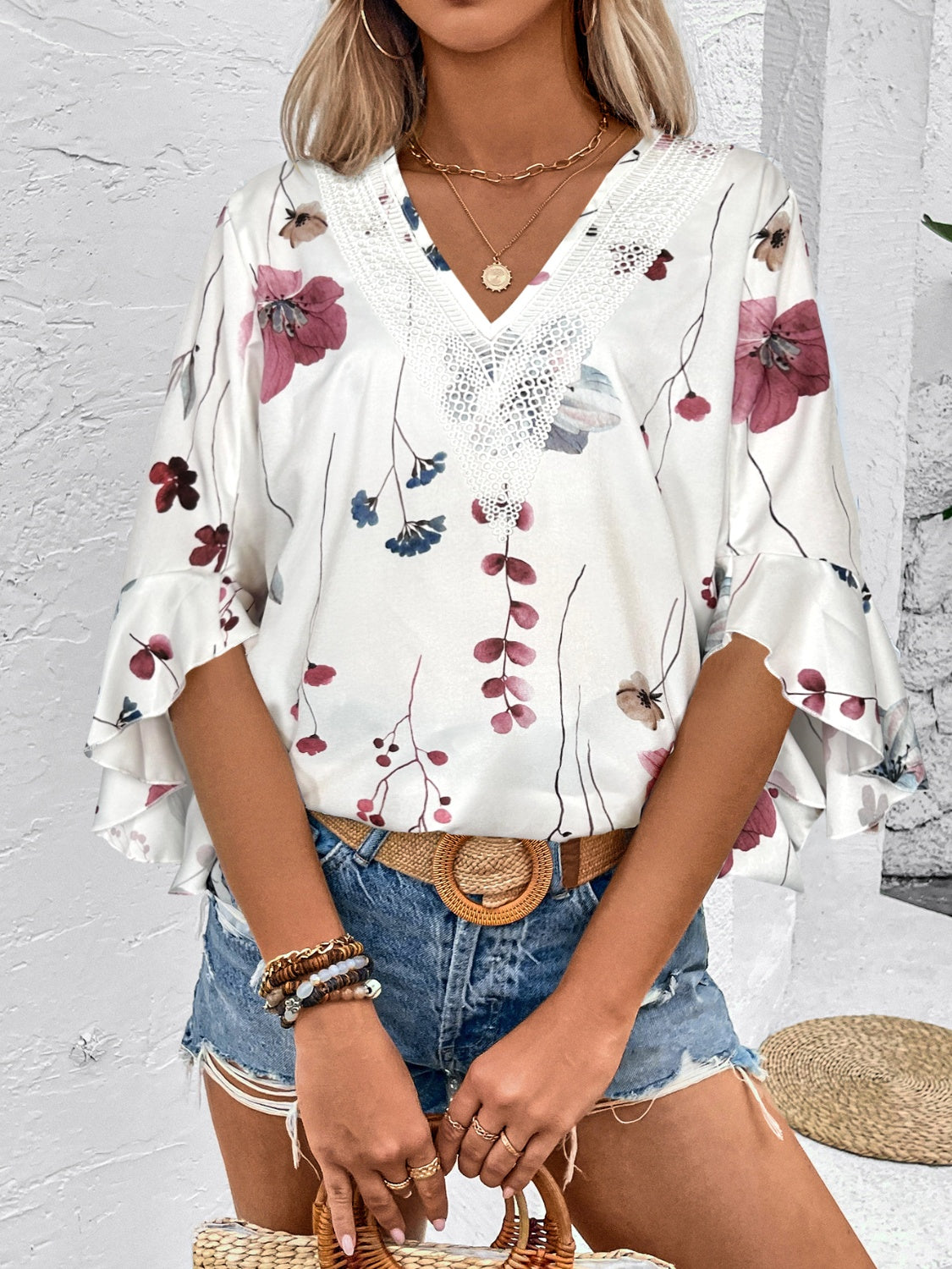 Ruffled Printed V-Neck Half Sleeve Blouse - Tigbul's Variety Fashion Shop