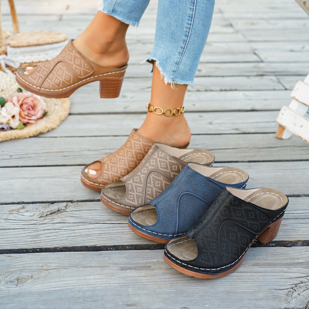 Peep toe block heel sandals, patterned upper; tan and navy pairs shown