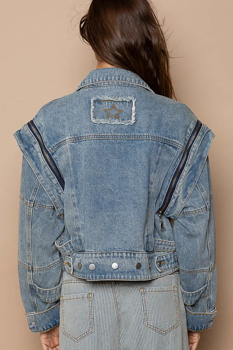 POL Cropped Denim Jacket with Functional Zipper Detail - Tigbul's Variety Fashion Shop