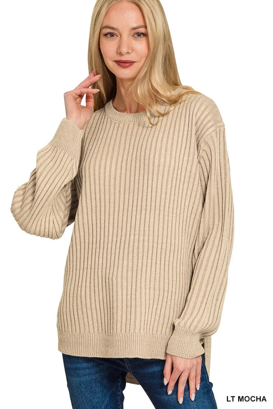 Zenana Curved Hem Two-Tone Ribbed Sweater - Tigbul's Variety Fashion Shop