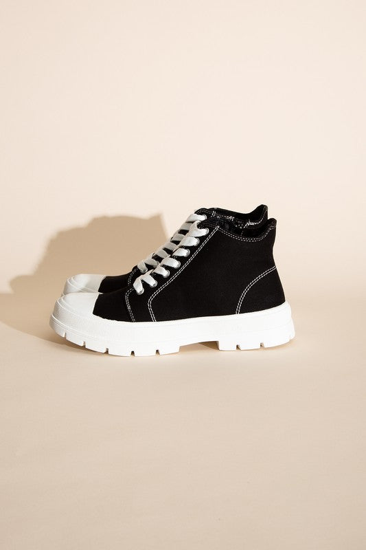 Black and White Canvas Lace Up High-Top Chunky Sneakers - Tigbuls Variety Fashion