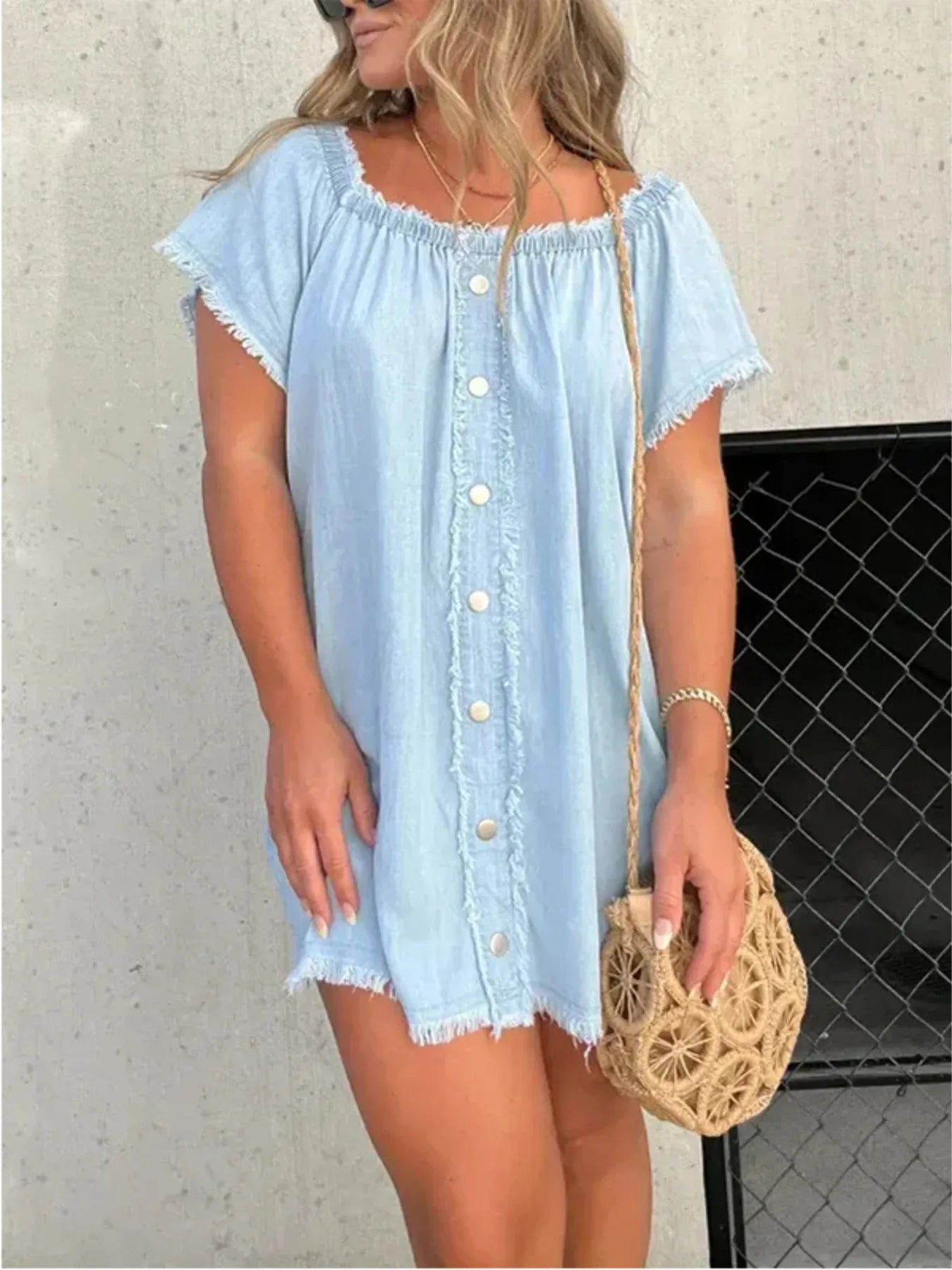 Full Size Raw Hem Mini Denim Dress Plus Size - Tigbul's Variety Fashion Shop