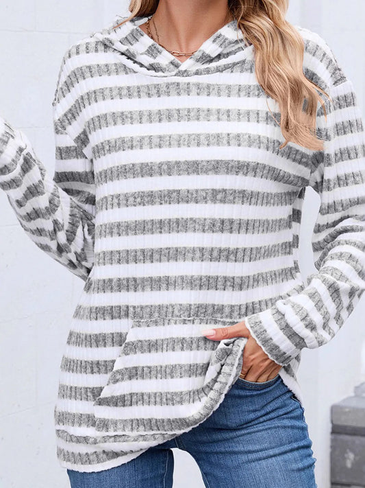 Striped Ribbed Knit Hoodie with Kangaroo Pocket - Tigbul's Variety Fashion Shop