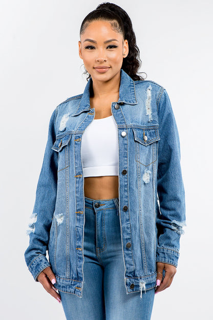 American Bazi Full Size Button Up Distressed Denim Jacket - Tigbul's Variety Fashion Shop