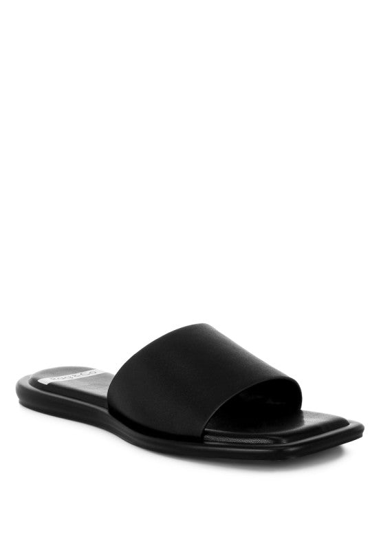 Black square-toe flat slide sandals with wide upper and cushioned sole