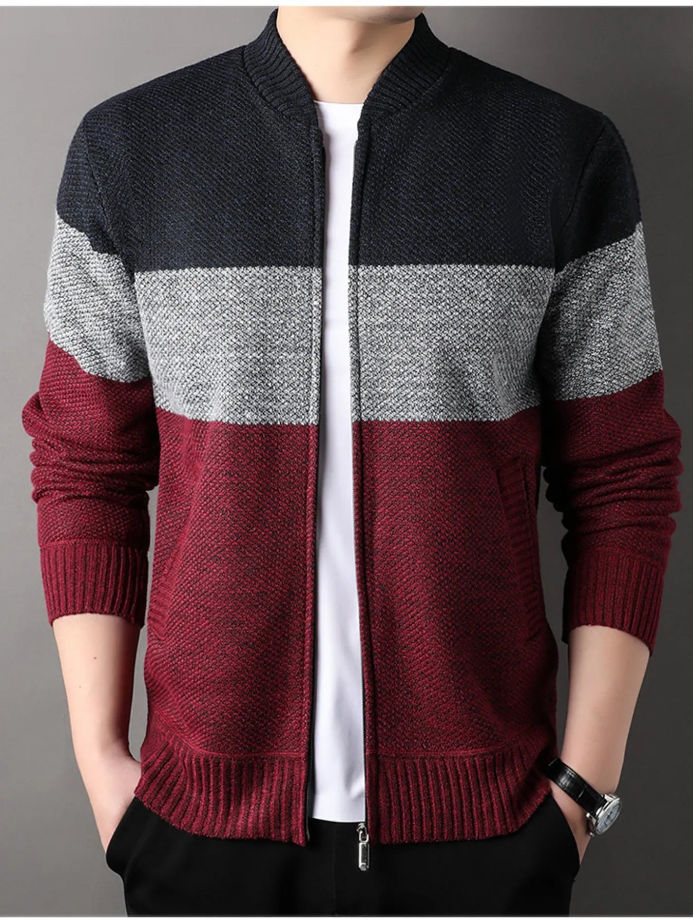 Men's Plus Size Color Block Zip Up Cardigan - Tigbul's Variety Fashion Shop