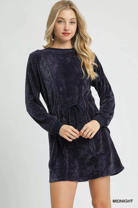 Umgee Velour Drawstring Mini Dress with Long Sleeves - Tigbul's Variety Fashion Shop
