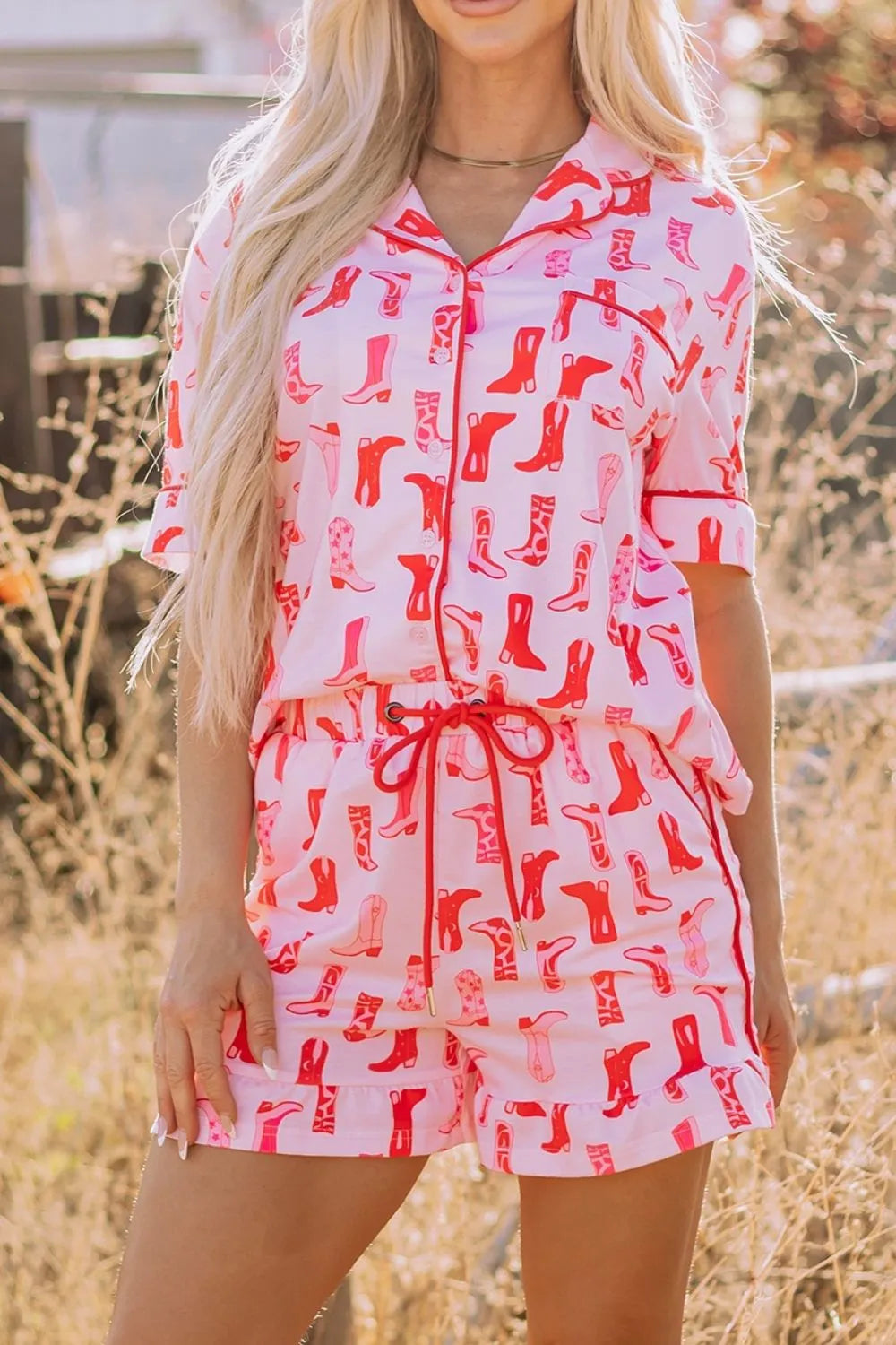 Cowgirl Boots Printed Shirt and Shorts Set - Tigbul's Variety Fashion Shop