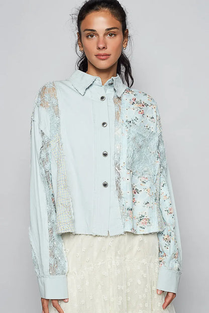 POL Blue Floral Long Sleeve Shirt with Lace Panel Details - Tigbul's Variety Fashion Shop