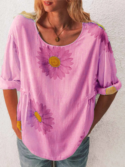 Full Size Flower Round Neck Half Sleeve T-Shirt Plus Size - Tigbul's Variety Fashion Shop