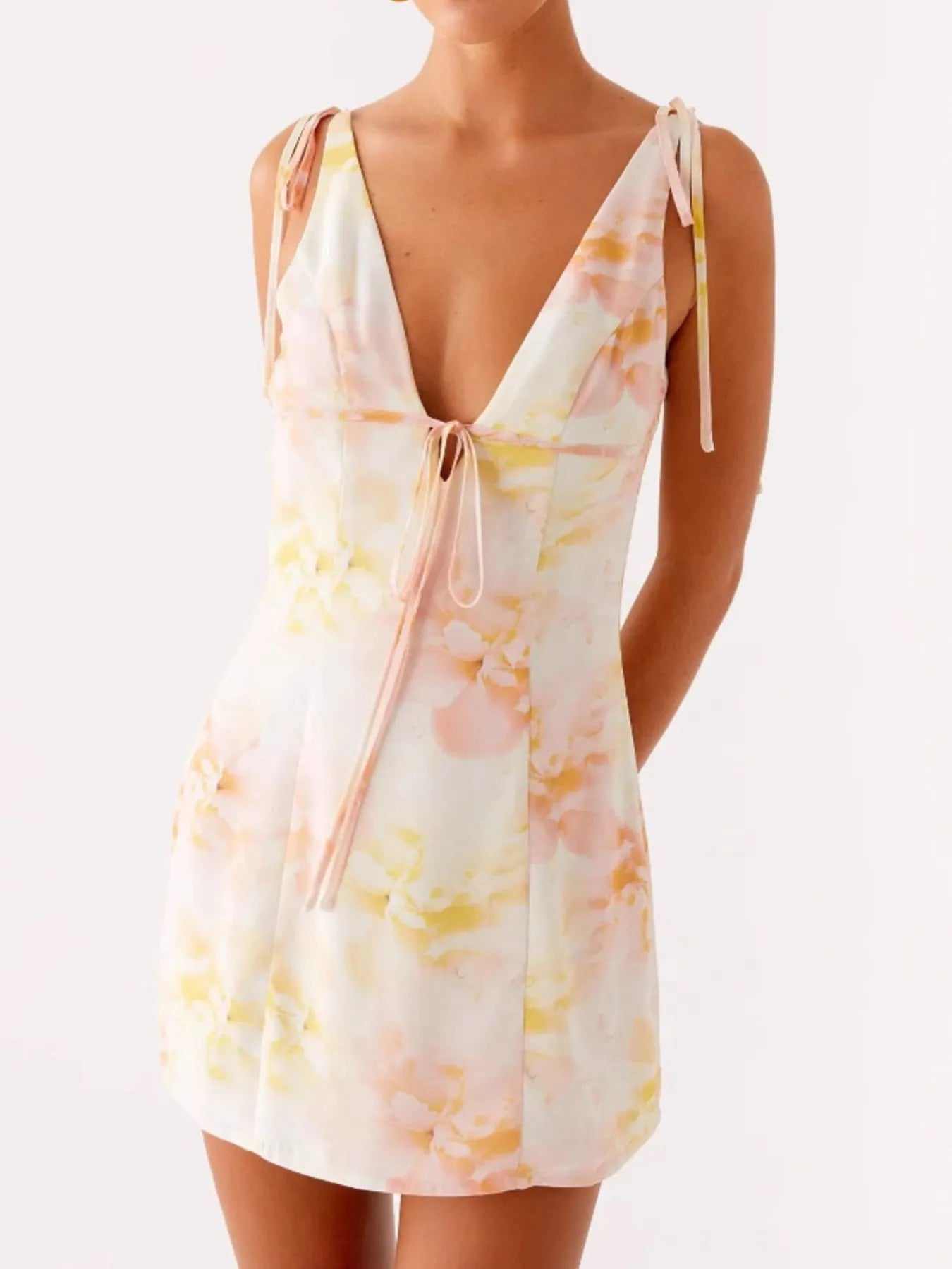 Printed Deep V-Neck Tie Shoulder Mini Dress - Tigbul's Variety Fashion Shop