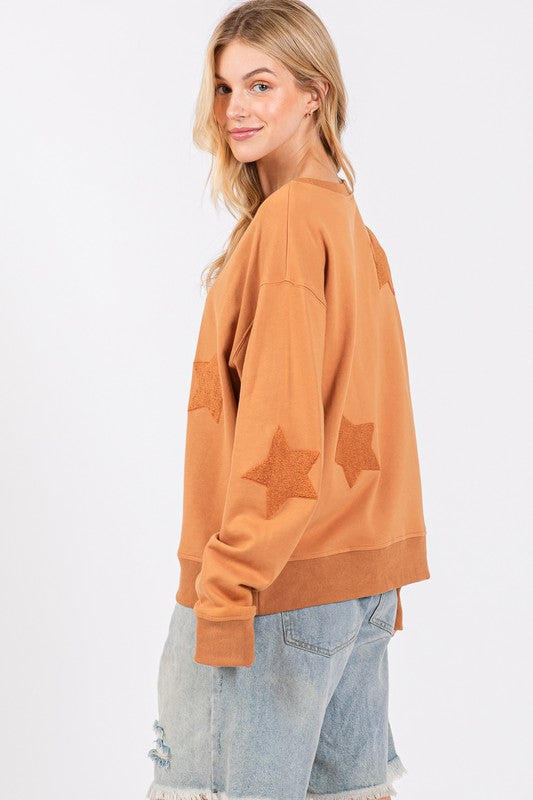 SAGE + FIG Star Patch Long Sleeve Sweatshirt - Tigbul's Variety Fashion Shop