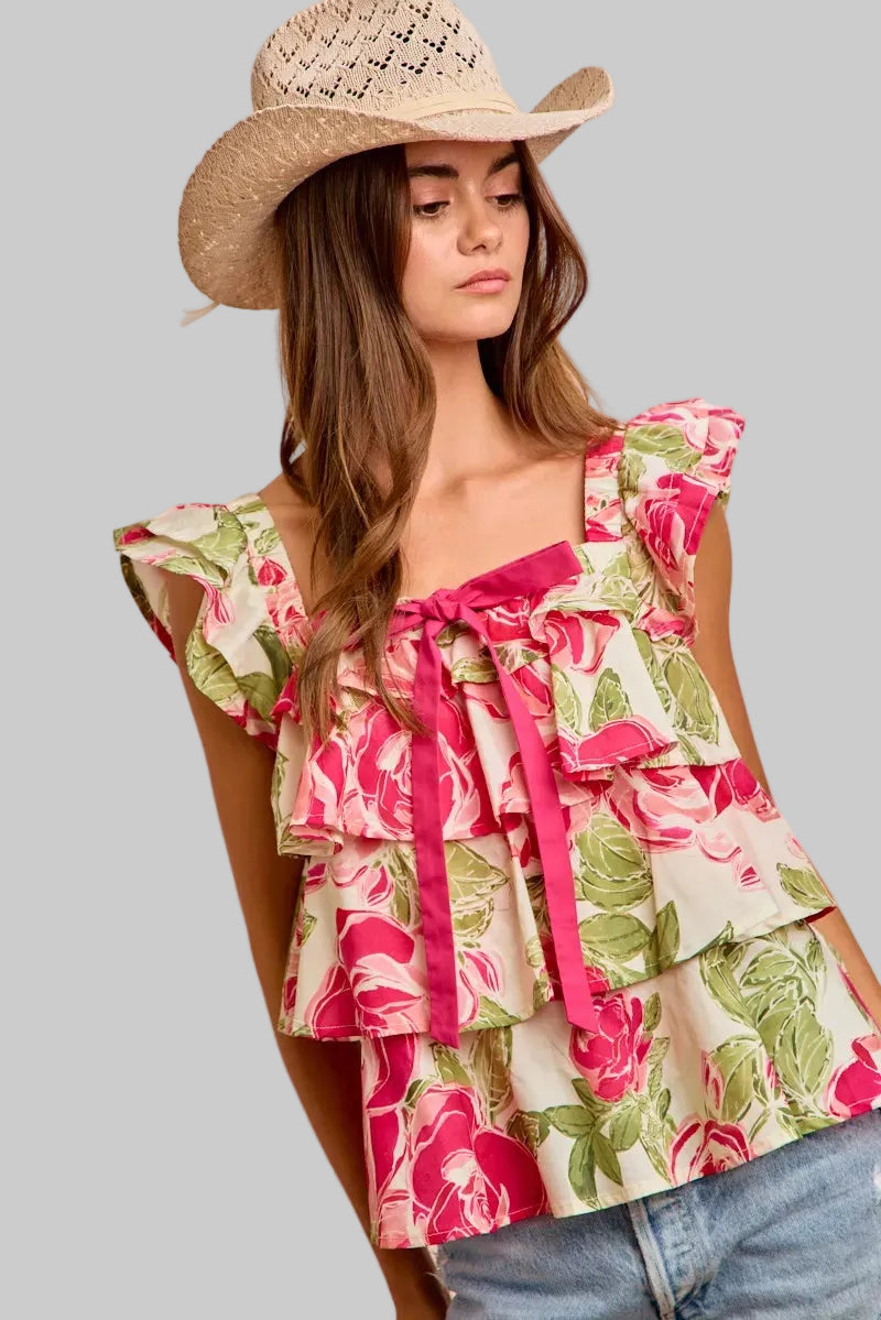 Pink Floral Print Woven Bow Tie Ruffle Square Neck Top | Tigbuls