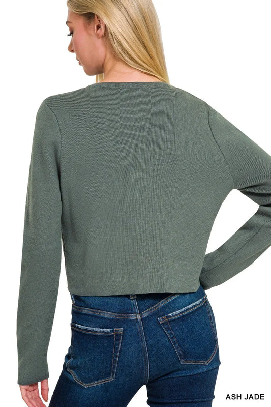 Zenana Button-Front Crewneck Long Sleeve Cropped Cardigan - Tigbul's Variety Fashion Shop