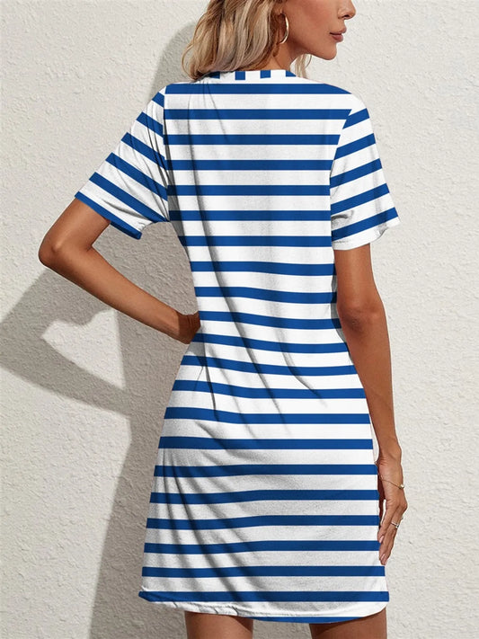 Contrast Striped Round Neck Short Sleeve Dress - Tigbul's Variety Fashion Shop