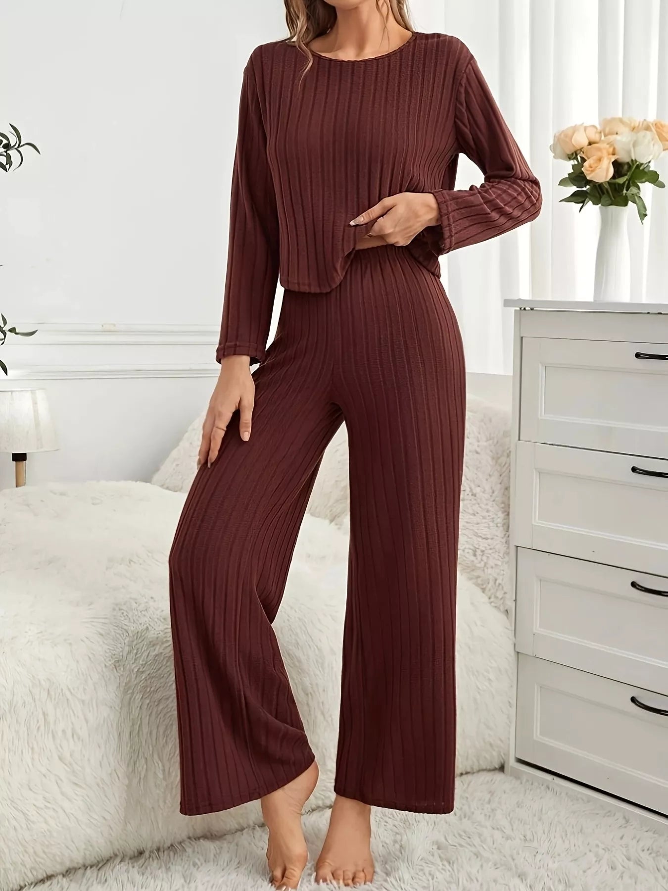 Ribbed Round Neck Long Sleeve Top and Pants Lounge Set - Tigbul's Variety Fashion Shop