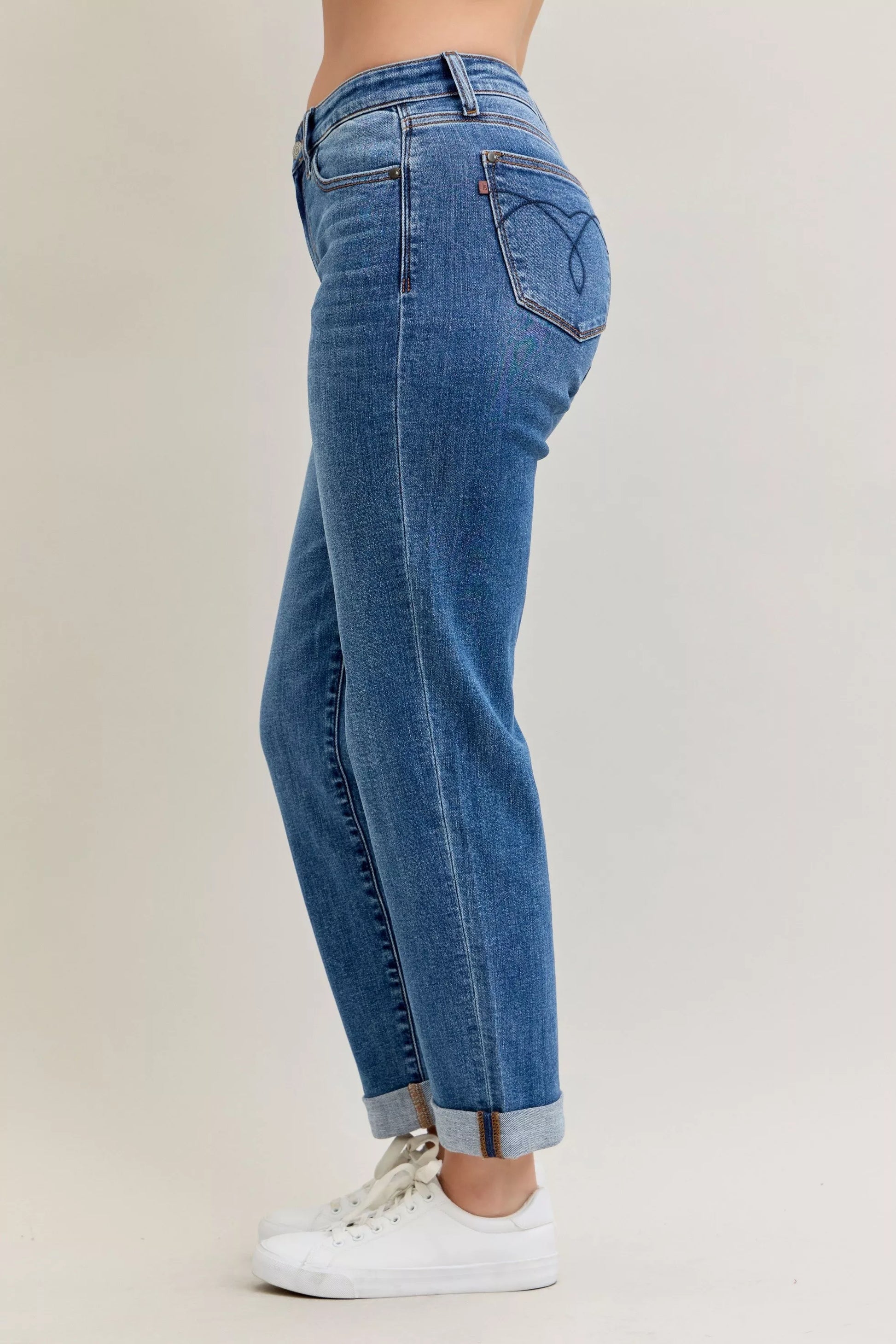 Judy Blue Full Size Mid Rise BF Classic Cuffed Jeans Plus Size - Tigbul's Variety Fashion Shop